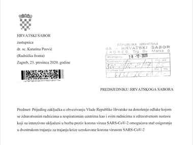 Prijedlog zaključka o obvezivanju na donošenje odluke kojom se zdravstvenim radnicima u respiratornim centrima kao i svim radnicima u zdravstvenom sustavu koji su intenzivno uključeni u borbu protiv korona Virusa SARS-CoV-2 omogućava staž osiguranja u dvo