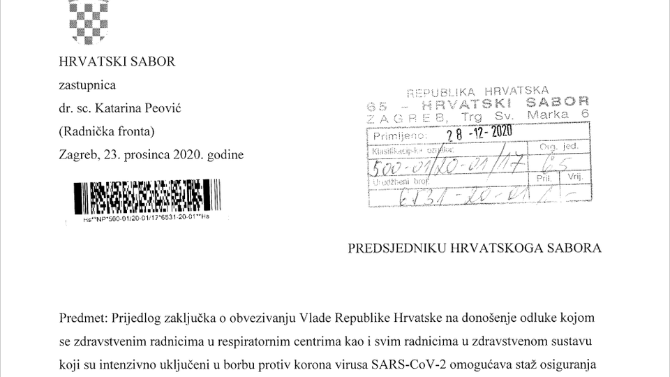 Prijedlog zaključka o obvezivanju na donošenje odluke kojom se zdravstvenim radnicima u respiratornim centrima kao i svim radnicima u zdravstvenom sustavu koji su intenzivno uključeni u borbu protiv korona Virusa SARS-CoV-2 omogućava staž osiguranja u dvo