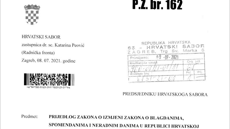 Prljedlog zakona o izmjeni Zakona o blagdanima, spomendanima i neradnim danima u Republici Hrvatskoj