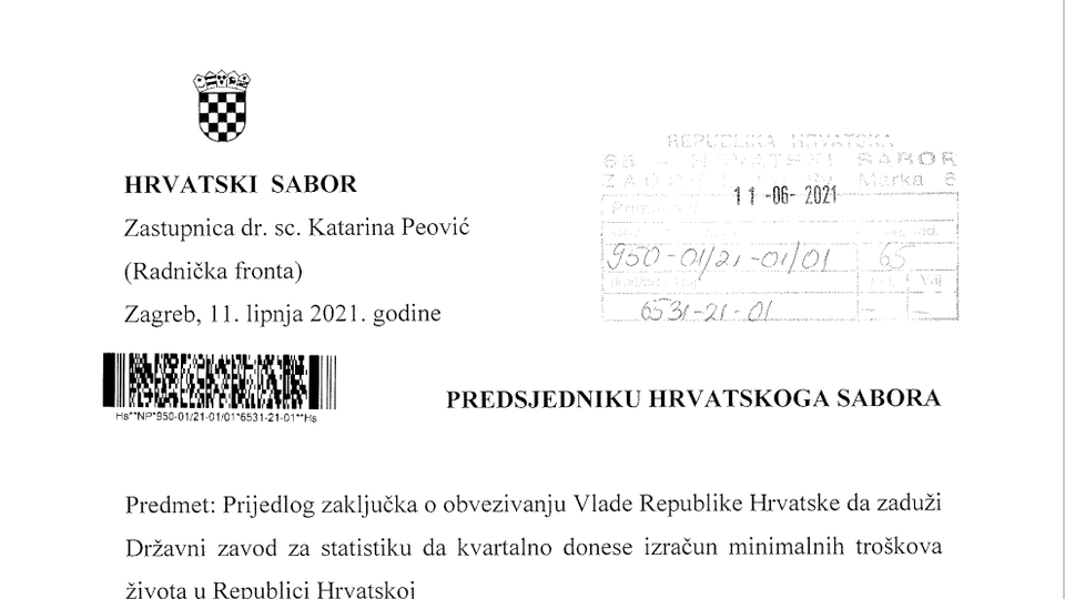 Prijedlog zaključka o obvezivanju Vlade Republike Hrvatske da zaduži Državni zavod za statistiku da kvartalno donese izračun minimalnih troškova života u Republici Hrvatskoj