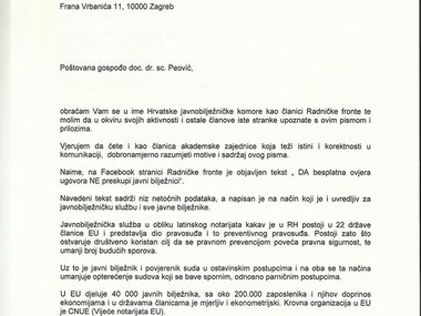 Odgovor predsjednici Hrvatske javnobilježničke komore