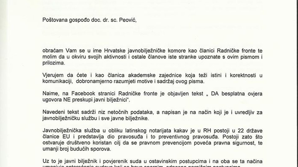 Odgovor predsjednici Hrvatske javnobilježničke komore
