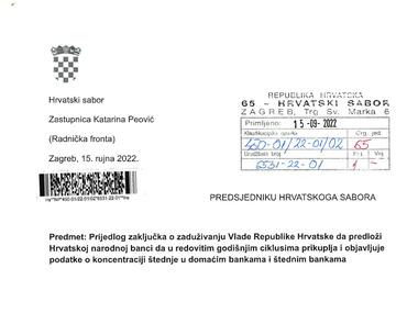 Prijedlog zaključka o zaduživanju Vlade Republike Hrvatske da predloži Hrvatskoj narodnoj banci da prikuplja i objavljuje podatke o koncentraciji štednje
