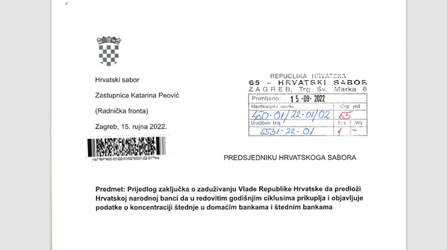 Prijedlog zaključka o zaduživanju Vlade Republike Hrvatske da predloži Hrvatskoj narodnoj banci da prikuplja i objavljuje podatke o koncentraciji štednje